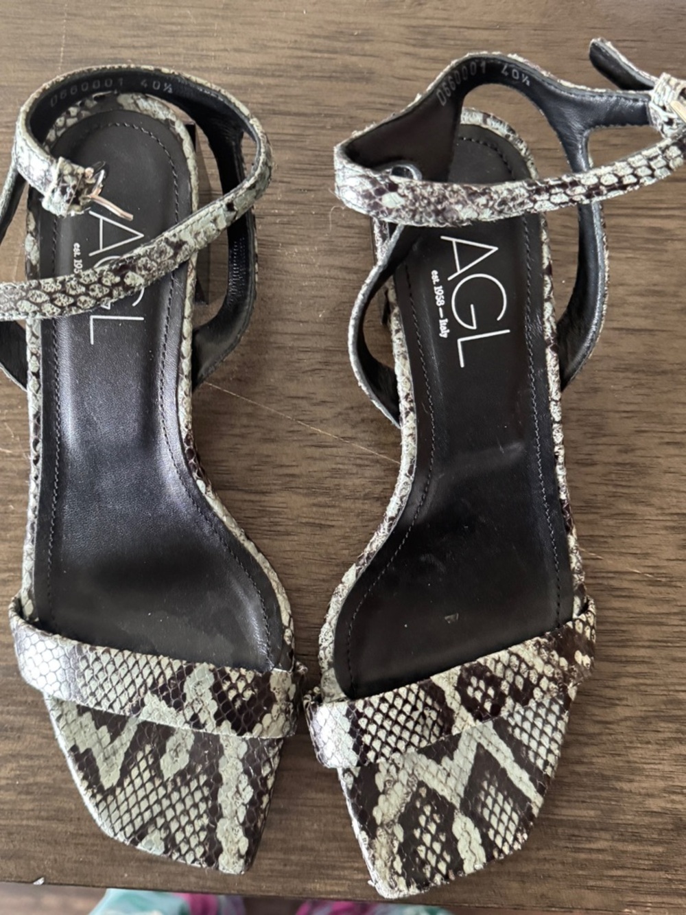 AGL Snakeskin Ankle-Strap Heels in Black and Cream